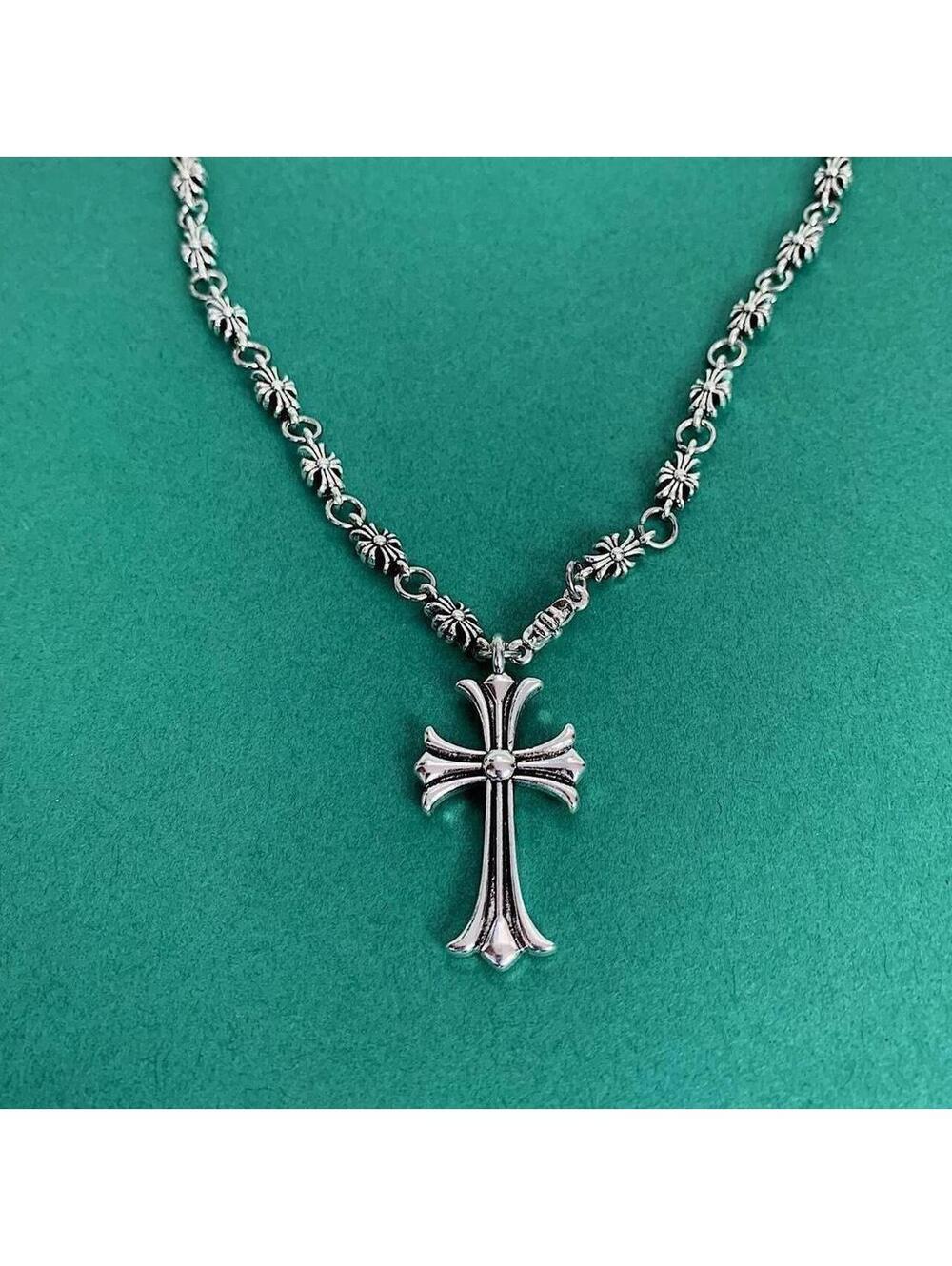 Grunge Cyber y2k silver gothic cross long necklace chain. 24 inches length.